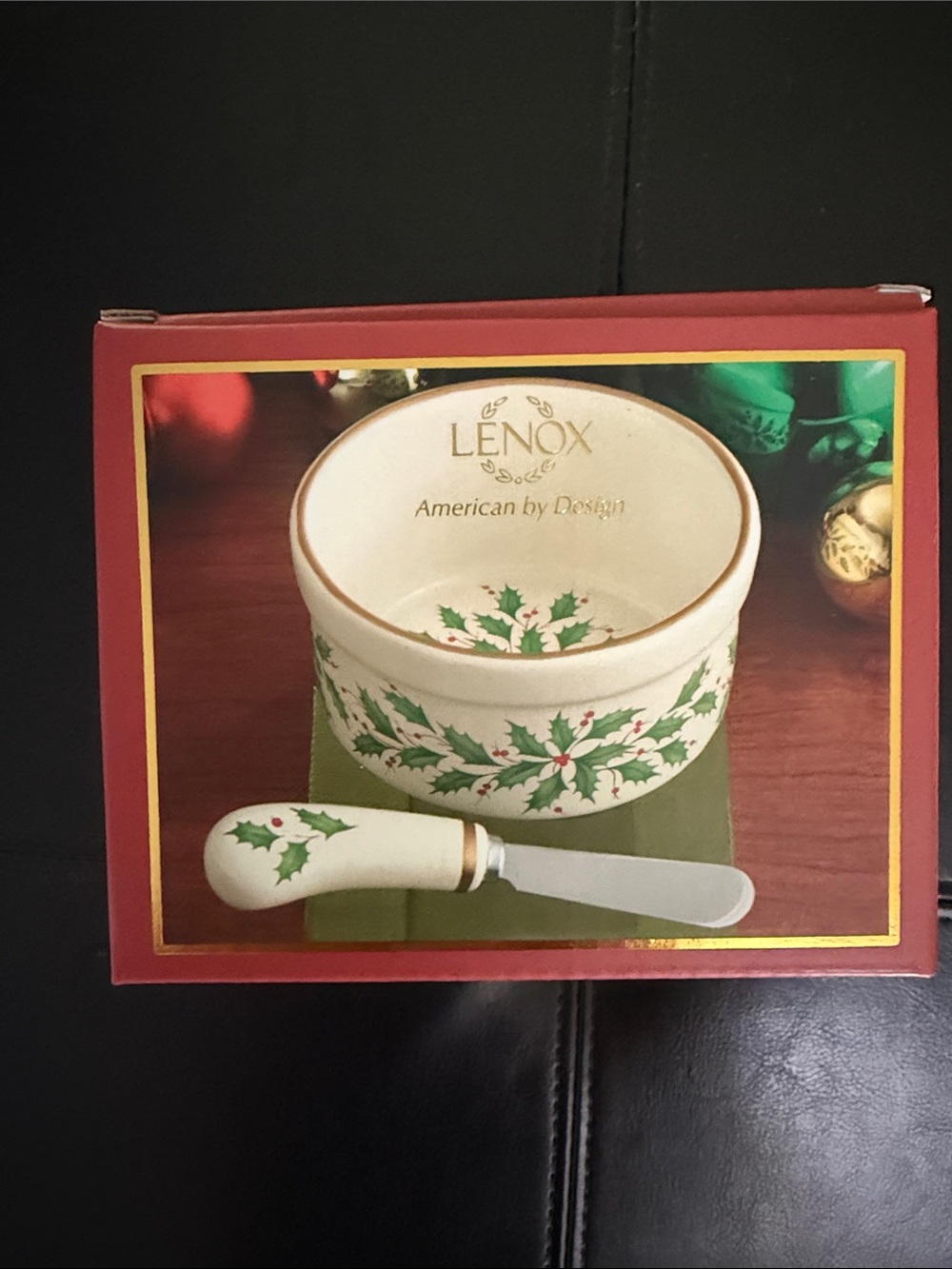 Lenox Holly-Trimmed Ceramic Holiday Dip Bowl with Spreader - White, Green, Gold